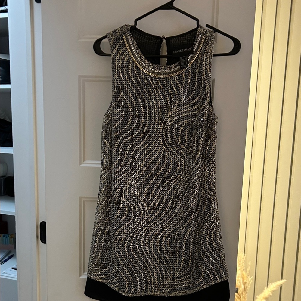 Frank Lyman Design Black and Gold Chain Detail Dress